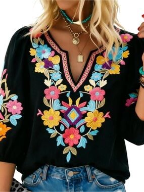 Boho Floral Embroidered Black V-Neck Top - NWT - all sizes available